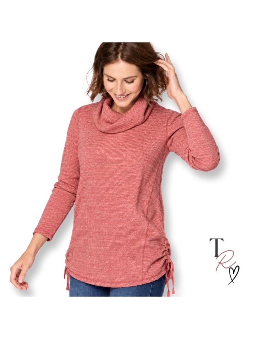 J.Jill Petite Waffle Knit Cowl Neck Tunic Sweater Pink Ruched Drawstring Size L